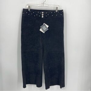 NWT Montanaco Leather Suede wide leg crop Capri black studded waistband Size 10
